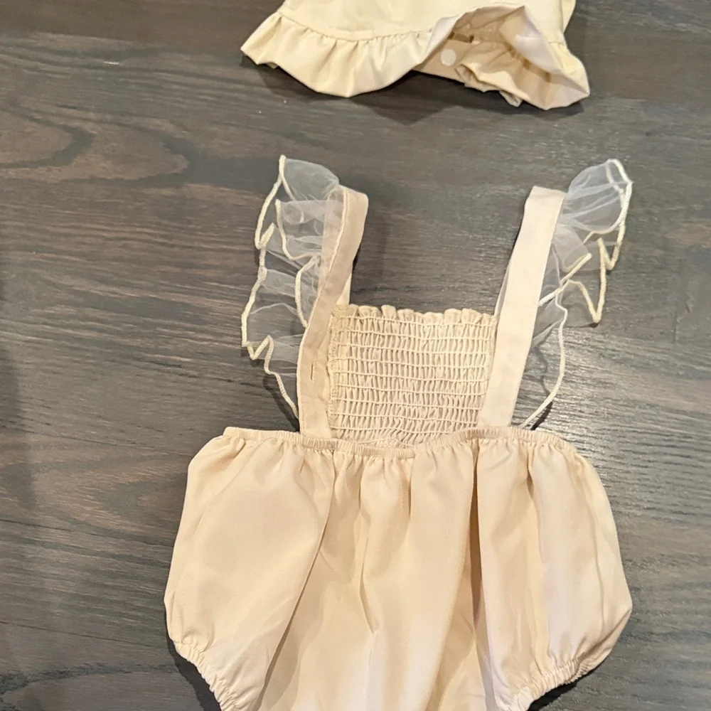 Cream Baby Ruffle Outfit with Bonnet